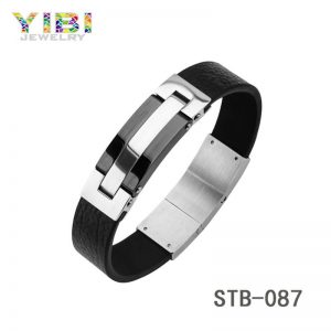 Black Leather Brushed Surgical Stainless Steel Bracelet