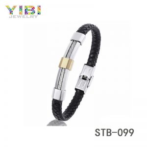 Black Leather Surgical Stainless Steel Wire Bracelet