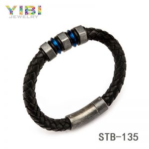 Braided Leather Blue Plated Stainless Steel Bracelet