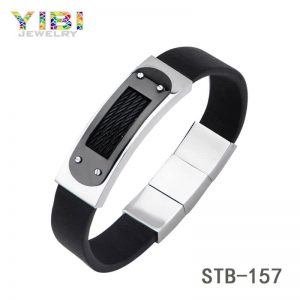 Black Leather Surgical Stainless Steel Men Bracelet