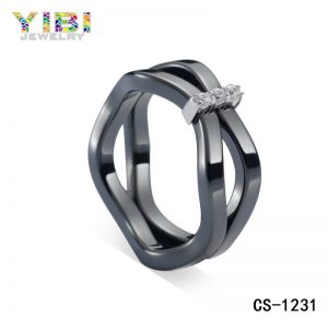 Cubic Zirconia Inlay Unique Black Ceramic Ring