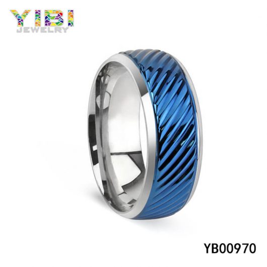 Grooved Blue Stainless Steel Ring Big Picture Show
