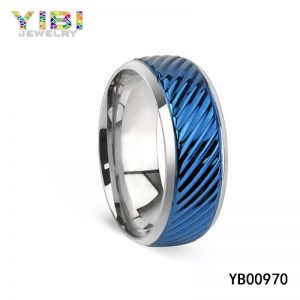 Grooved Blue Stainless Steel Ring & Polished Edge