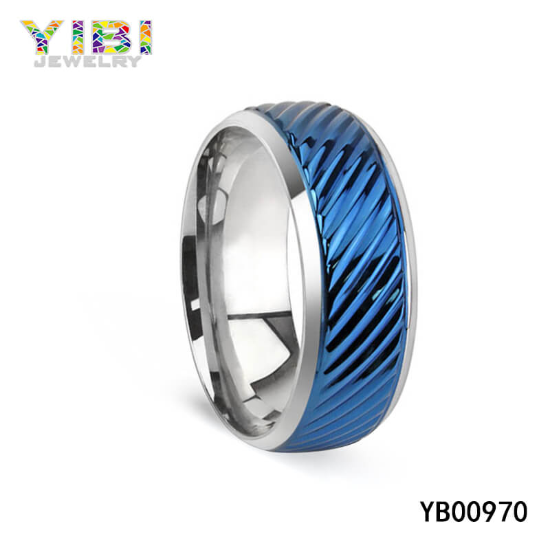 Grooved Blue Stainless Steel Ring