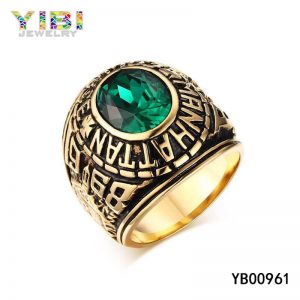 Gold Plated Stainless Steel Military Rings With Green CZ Inlay