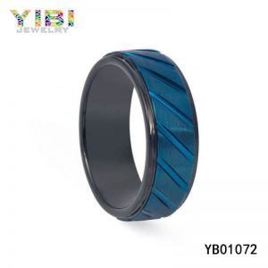 Brushed Blue Tungsten Ring with Diagonal Grooves