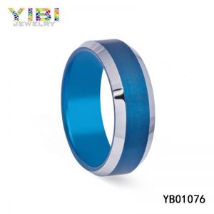 Beveled Edges Blue Brushed Tungsten Ring