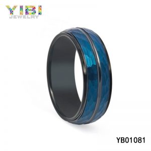 Hammered Blue Tungsten Carbide Ring with Step Edge