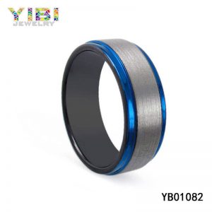 Brushed Tungsten Carbide Ring with Blue Step Edge