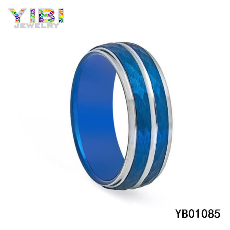 Blue Tungsten Carbide Ring with Hammered Finish