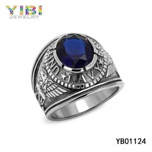 Stainless Steel US Army Military Ring & Blue CZ Inlay