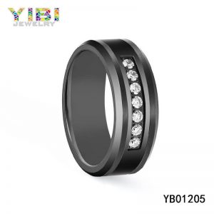 Black Tungsten Carbide CZ Ring with Polished Beveled Edges
