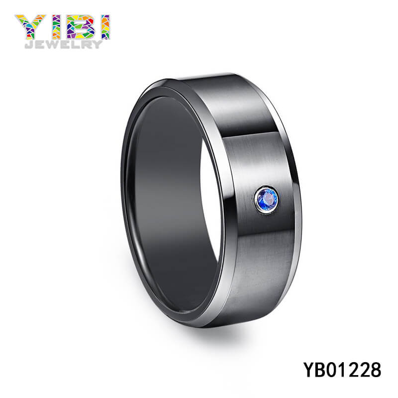 Brushed Tungsten Carbide Ring Inlay Blue CZ
