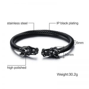 Black Stainless Steel Cable Bangle with Dragon Heads