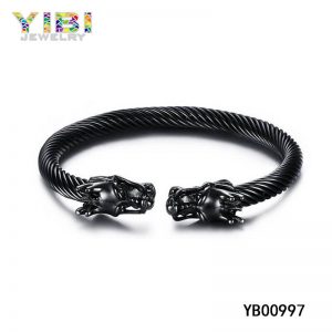 Black Stainless Steel Cable Bangle with Dragon Heads