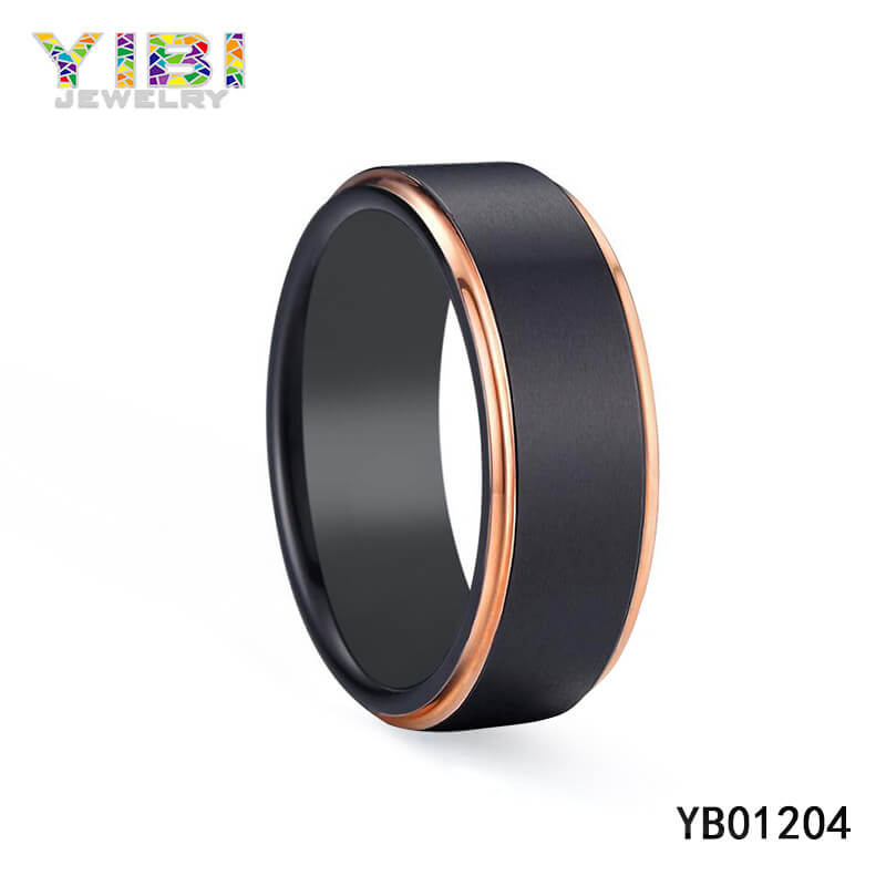 Black Tungsten Carbide Ring with Rose Gold Edges