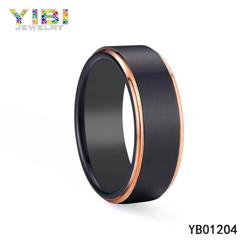Black Tungsten Carbide Ring with Rose Gold Edges